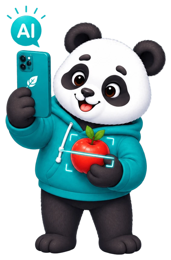 Panda ilustrado sosteniendo un teléfono que escanea una manzana, con un icono de IA arriba