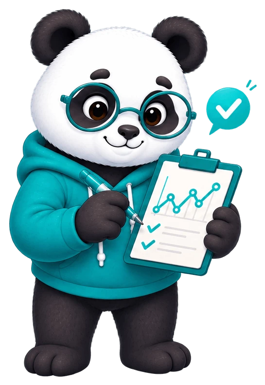 Panda ilustrado con gafas sosteniendo una tablilla con un gráfico y marcas de verificación