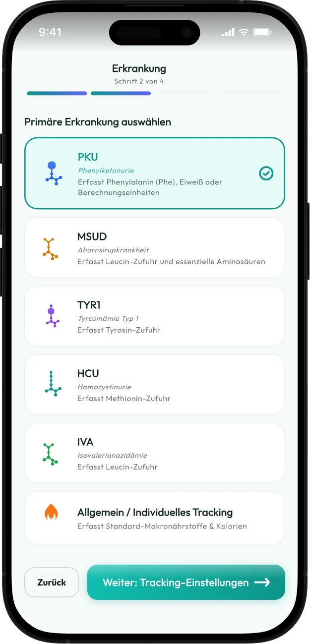 Screenshot der Protelino-Erkrankungsauswahl mit PKU, MSUD, TYR1, HCU, IVA und allgemeinem Tracking