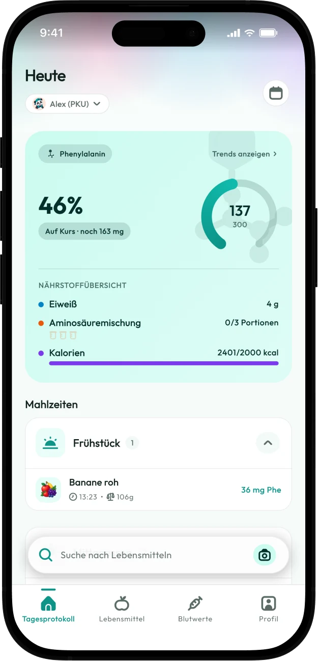 Screenshot des Protelino-Tagesprotokolls mit dem heutigen Phenylalanin-Ring und erfassten Mahlzeiten