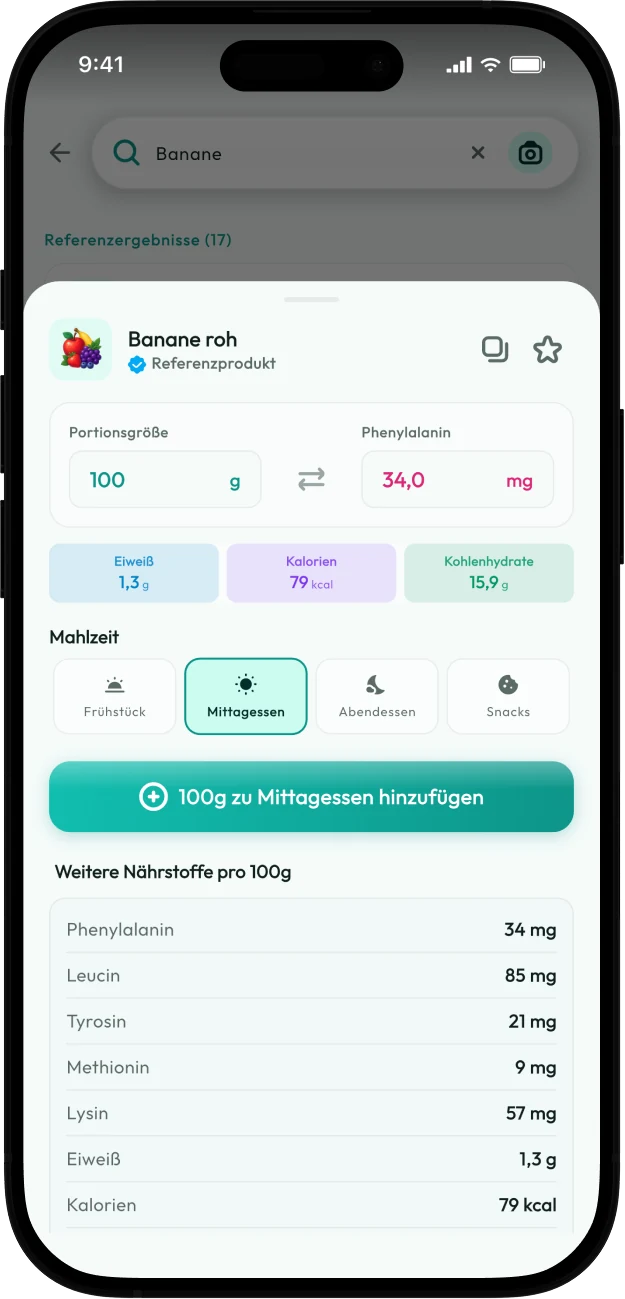 Screenshot der Protelino-Produktdetailansicht mit Phenylalanin und Nährwerten für eine Banane