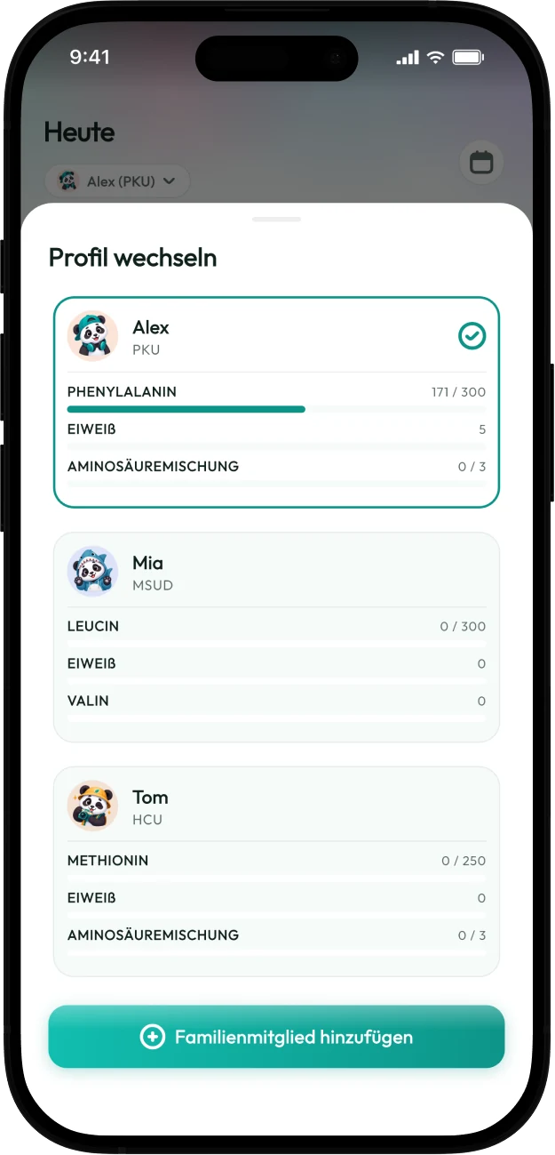 Screenshot des Protelino-Profilwechslers mit drei Familienmitgliedern mit unterschiedlichen Erkrankungen