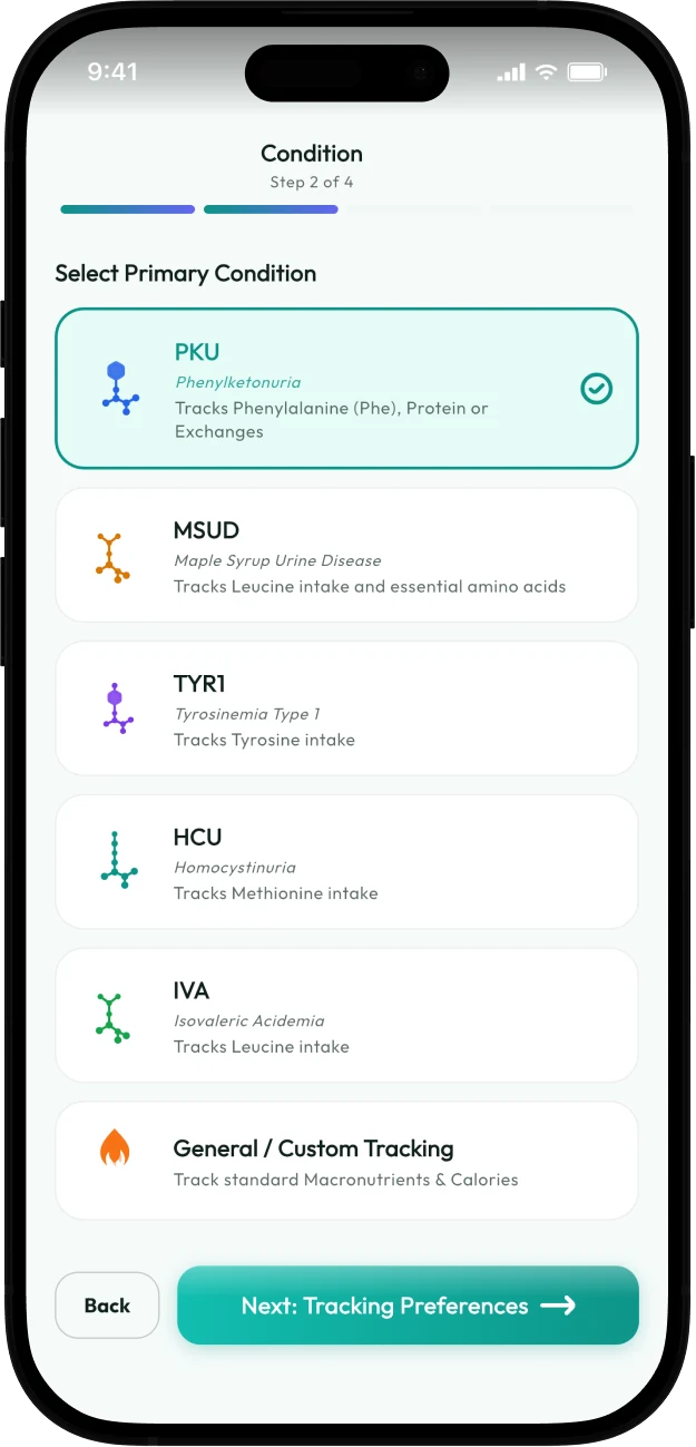 Screenshot of the Protelino condition selection screen showing PKU, MSUD, TYR1, HCU, IVA and general tracking