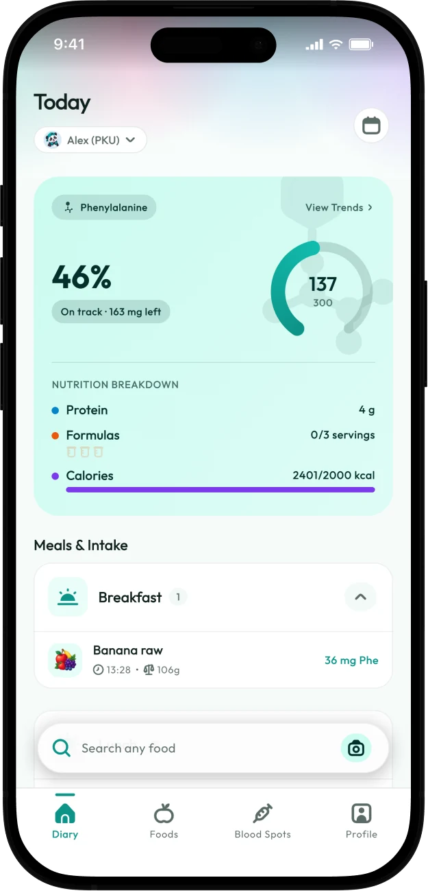 Screenshot of the Protelino diary screen showing today's Phenylalanine ring and logged meals