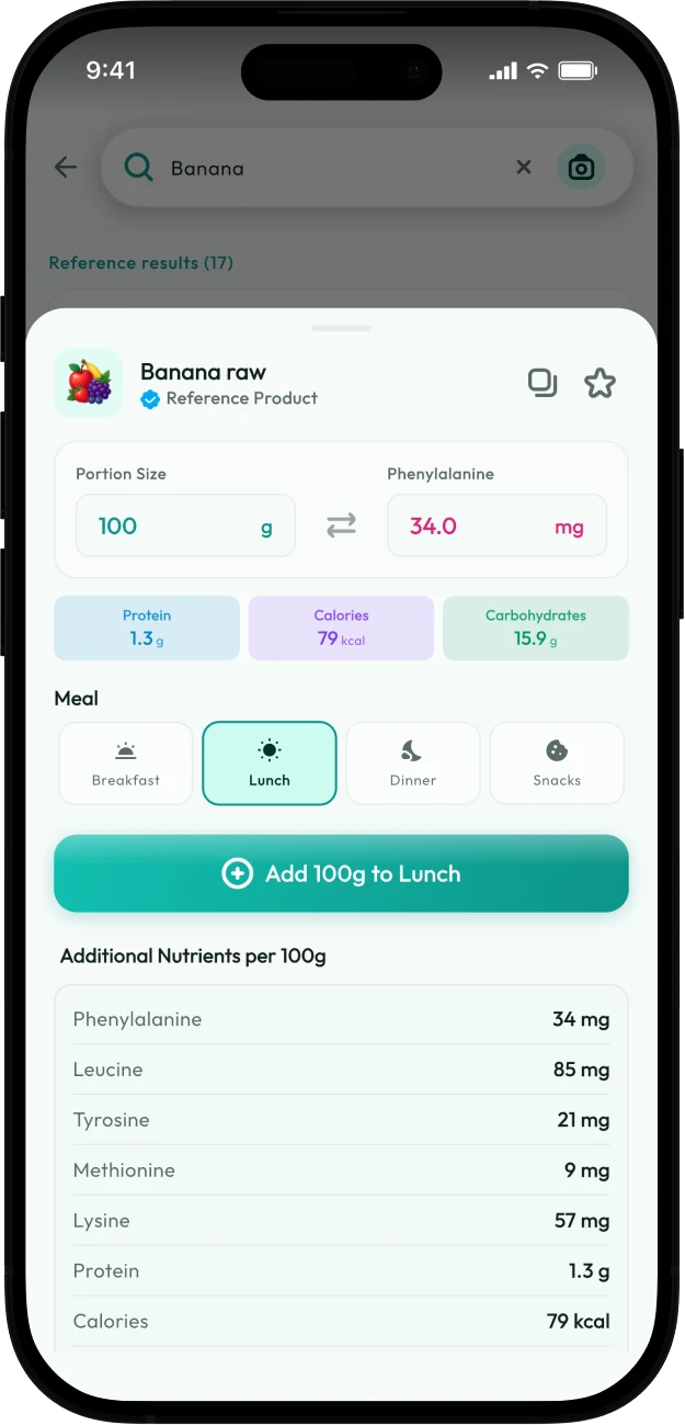 Screenshot of the Protelino product detail screen showing phenylalanine and nutrients for a banana