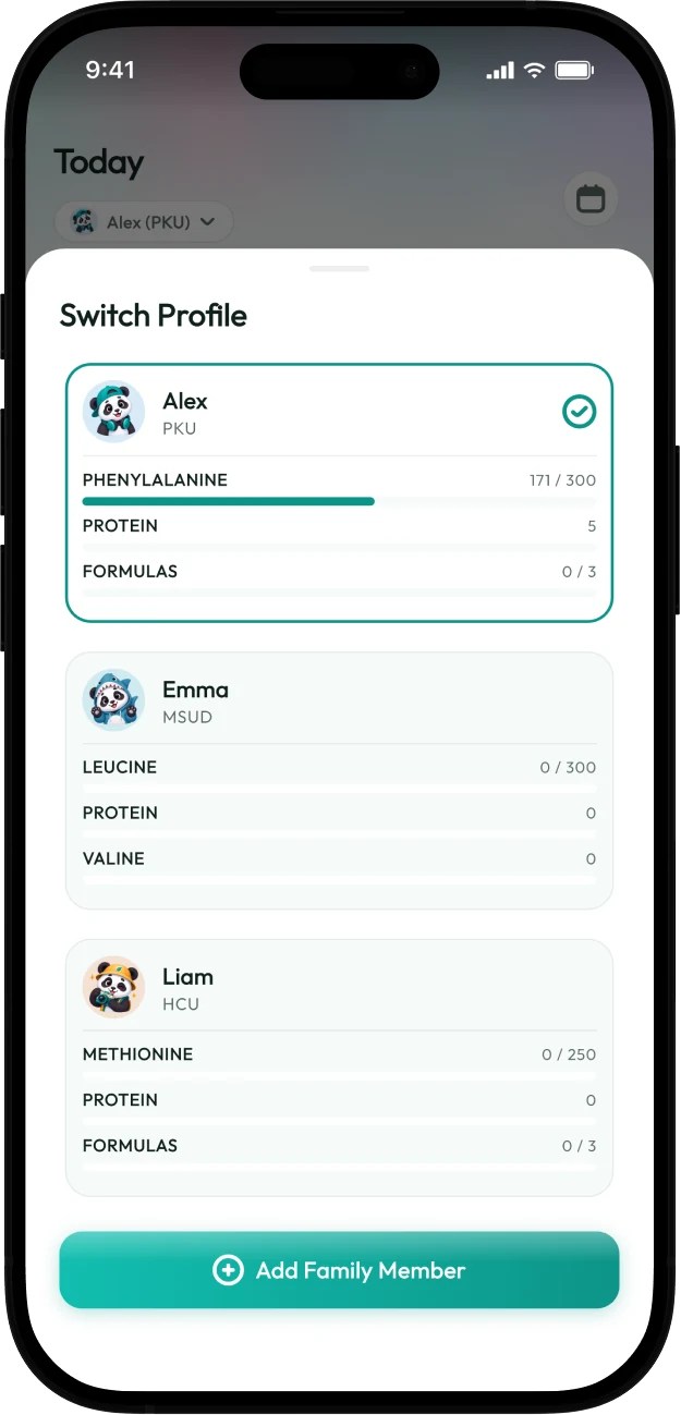 Screenshot of the Protelino profile switcher showing three family members with different conditions