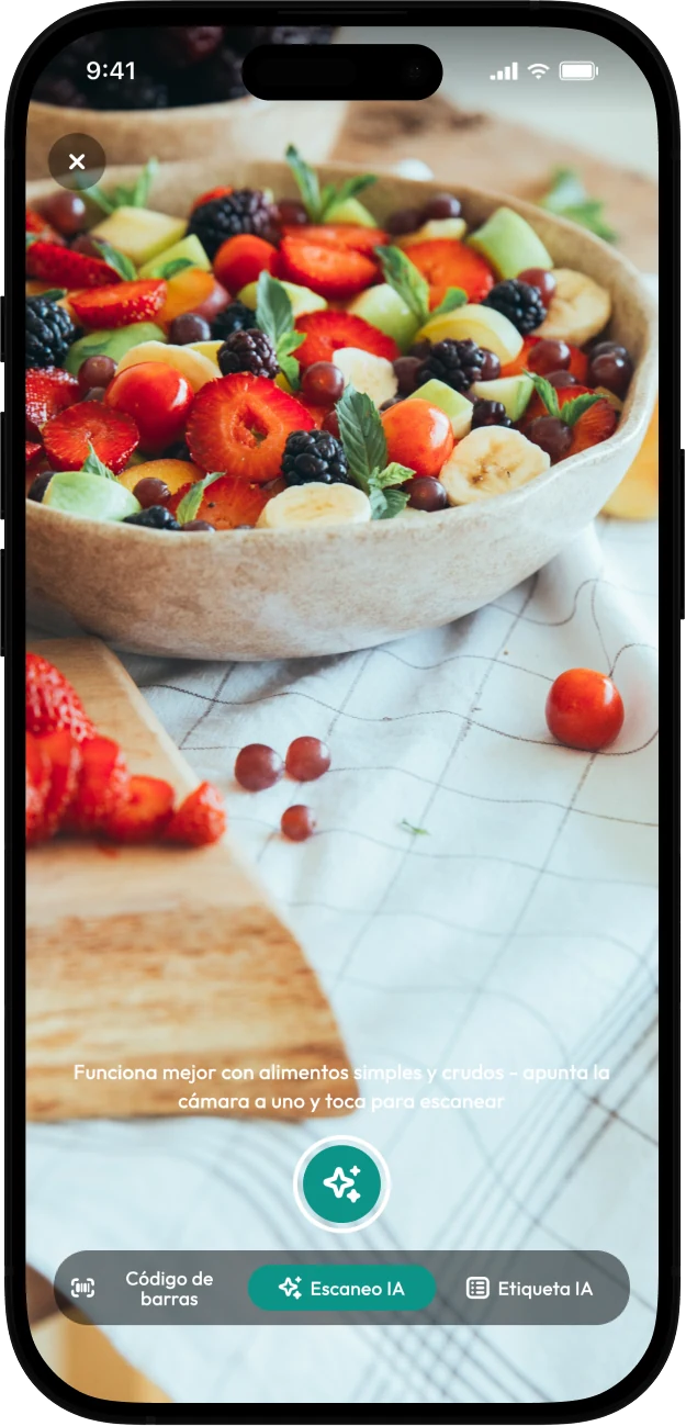 Captura de pantalla de la cámara de escaneo con IA de Protelino identificando un bol de fruta