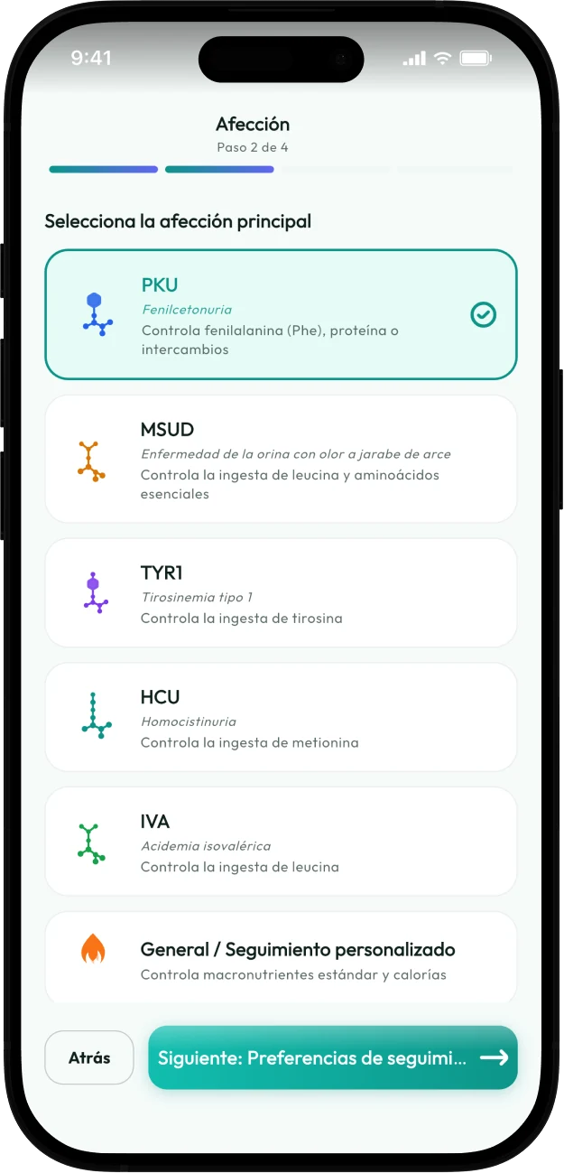 Captura de pantalla de la selección de enfermedad de Protelino con PKU, MSUD, TYR1, HCU, IVA y seguimiento general