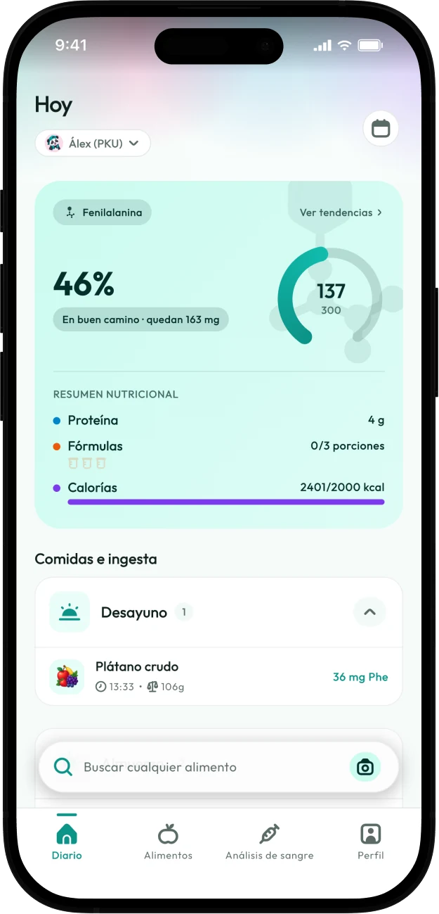 Captura de pantalla del diario de Protelino con el anillo de fenilalanina de hoy y las comidas registradas