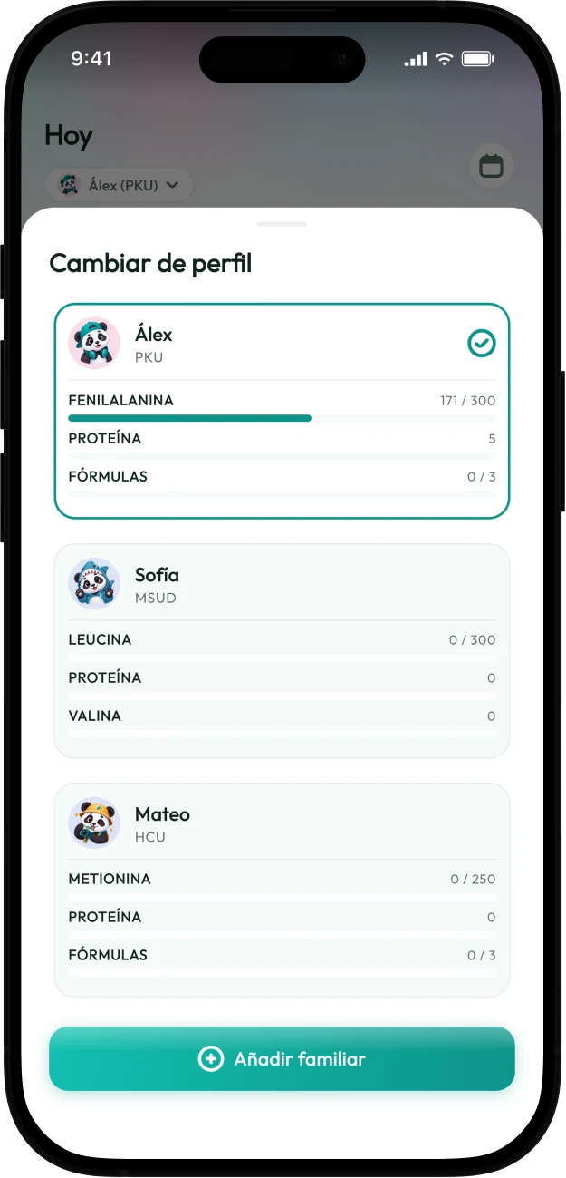 Captura de pantalla del selector de perfiles de Protelino con tres familiares con distintas enfermedades