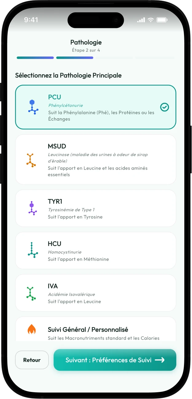 Capture d'écran de la sélection de pathologie de Protelino montrant PCU, MSUD, TYR1, HCU, IVA et suivi général