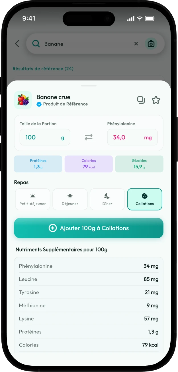 Capture d'écran du détail produit de Protelino montrant la phénylalanine et les nutriments d'une banane