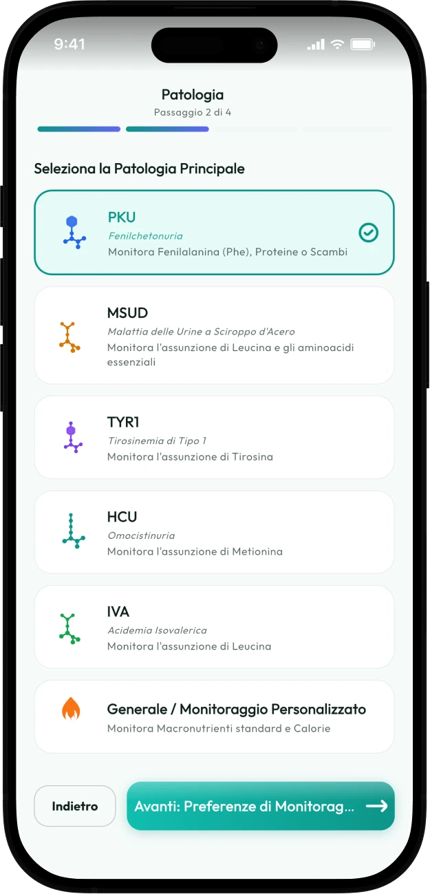 Schermata di selezione della patologia di Protelino con PKU, MSUD, TYR1, HCU, IVA e monitoraggio generale