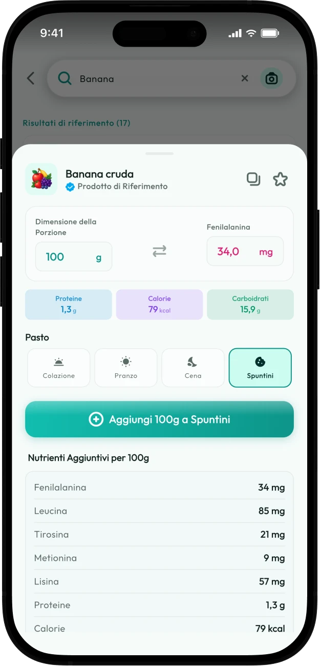 Schermata del dettaglio prodotto di Protelino con fenilalanina e nutrienti di una banana